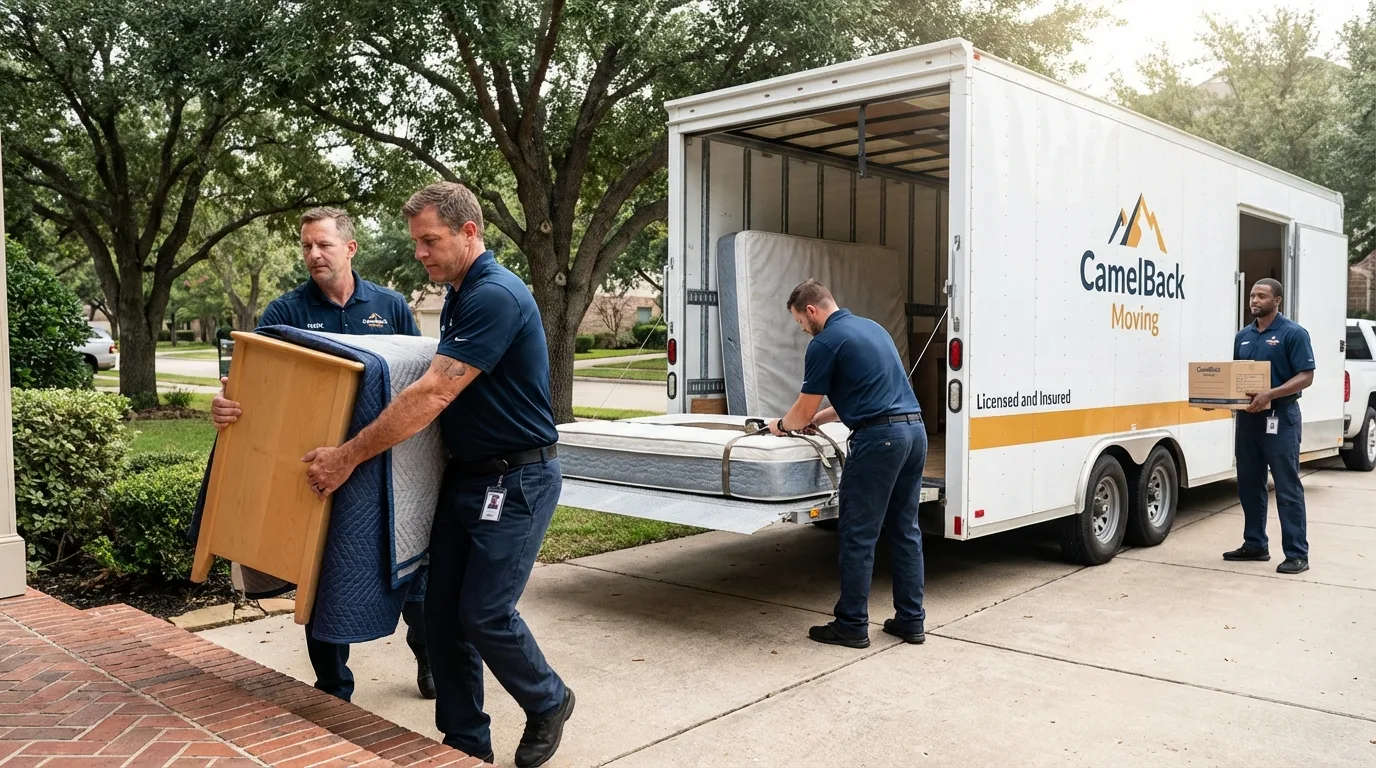 Crew loading residential truck for cross-state move from East Bernard, TX