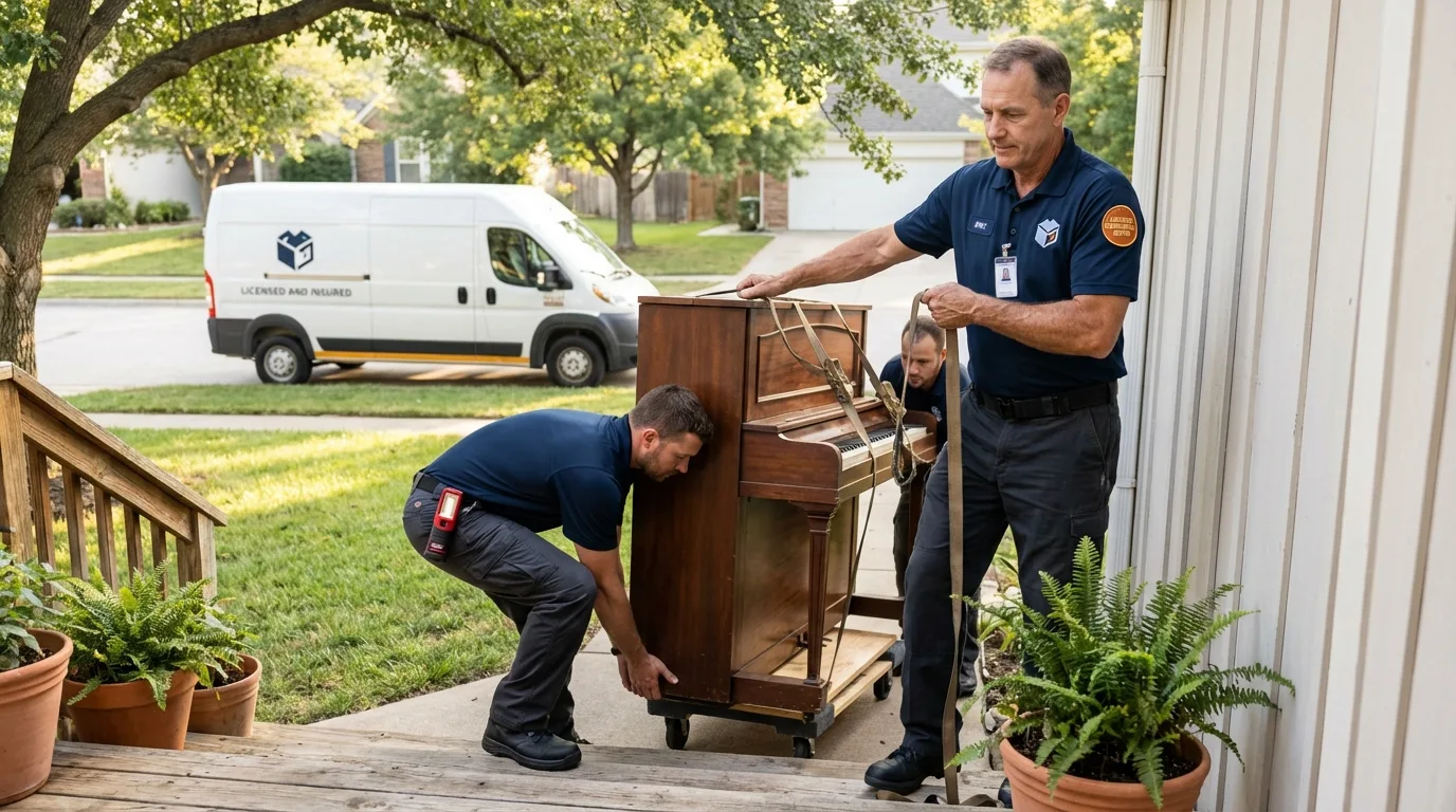 Licensed piano movers securing grand piano in East Bernard, TX