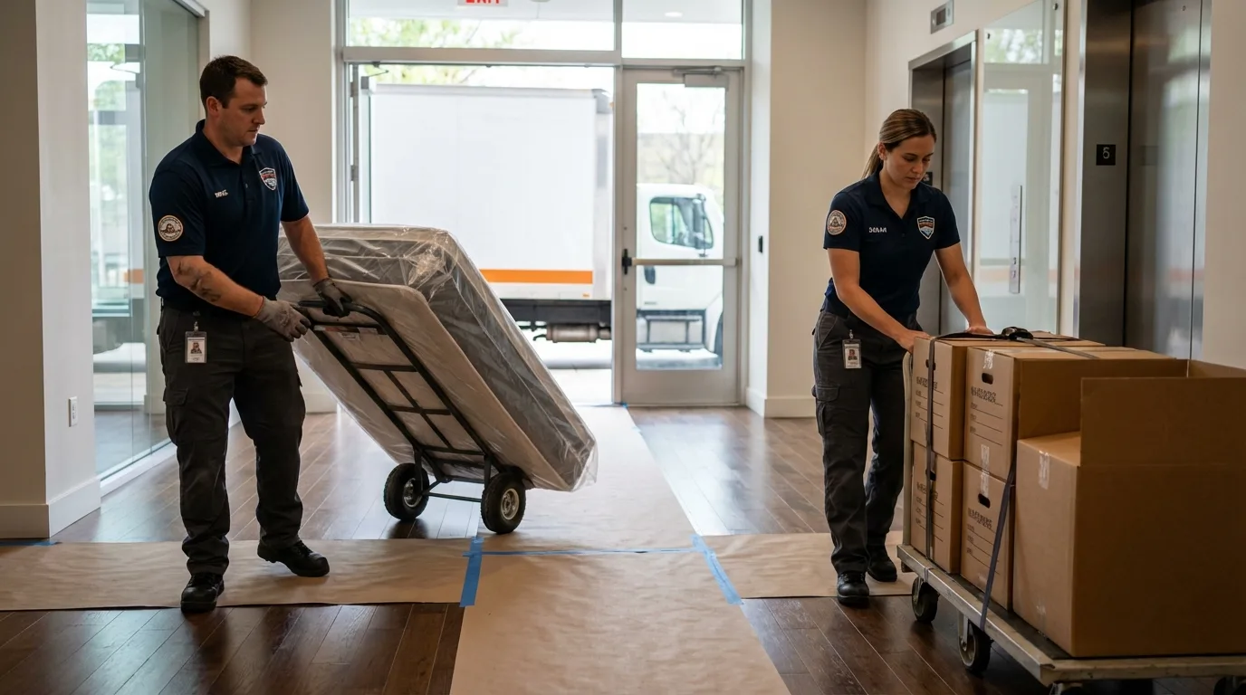 Professional apartment movers loading elevator in East Bernard, TX