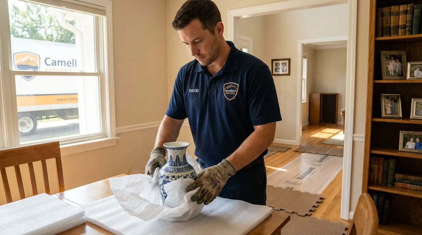 Professional crew carefully wrapping antique vase for senior downsizing move in East Bernard, TX
