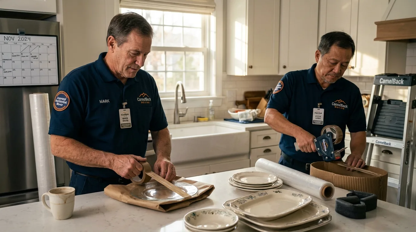 Professional crew packing kitchen dishware in East Bernard, TX